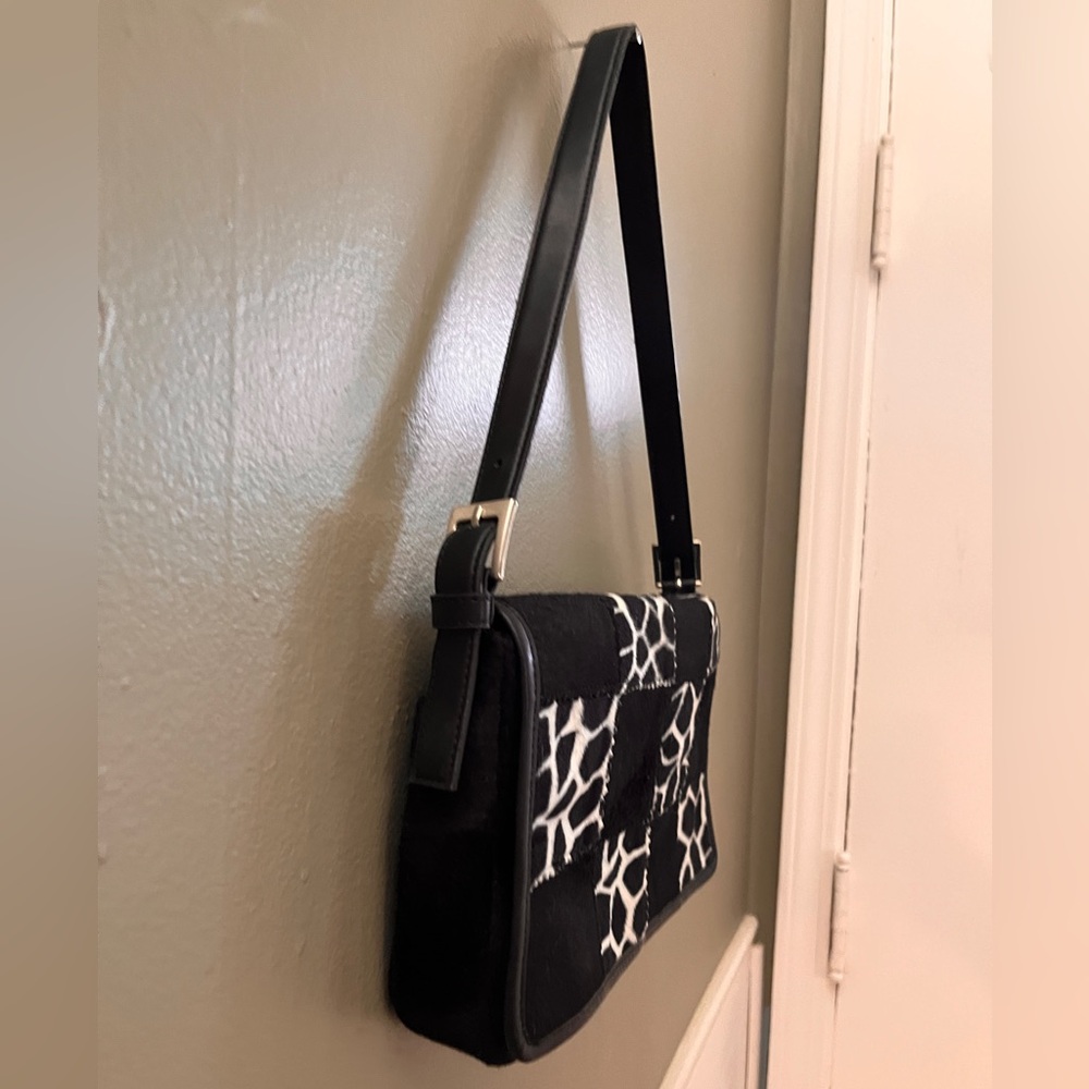 Vintage ESPRIT Cow Print Patchwork Look Shoulder Bag Y2K Purse Black White VTG - Picture 3 of 12